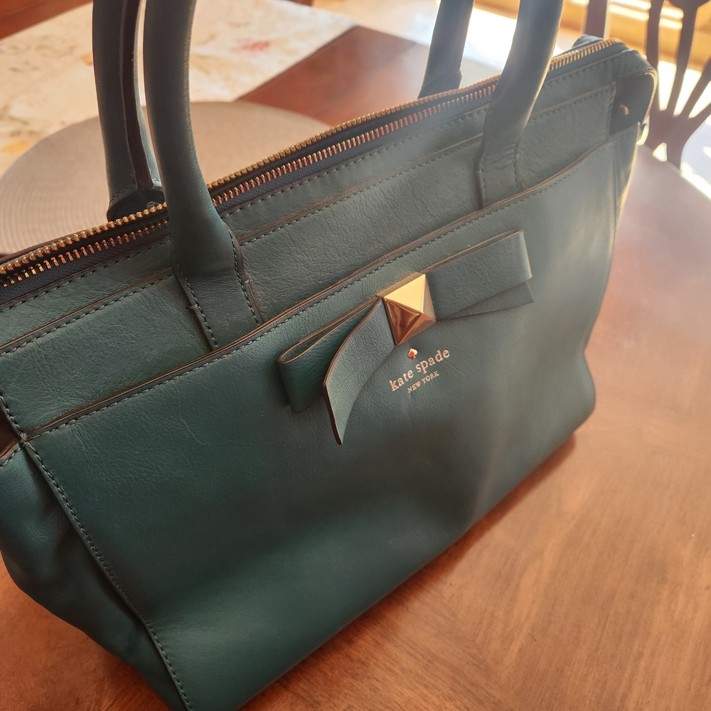 kate spade teal satchel with bow and gold stud